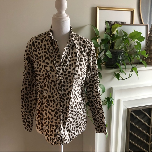J. Crew Perfect Fit Button Down in Ivory with Brown Leopard Print - 0 - Picture 6 of 6